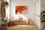Sinus Art Wandbild 120x80cm Makroaufnahme leuchtend orangefarbener Blütenblätter mit funkelnden Wassertropfen