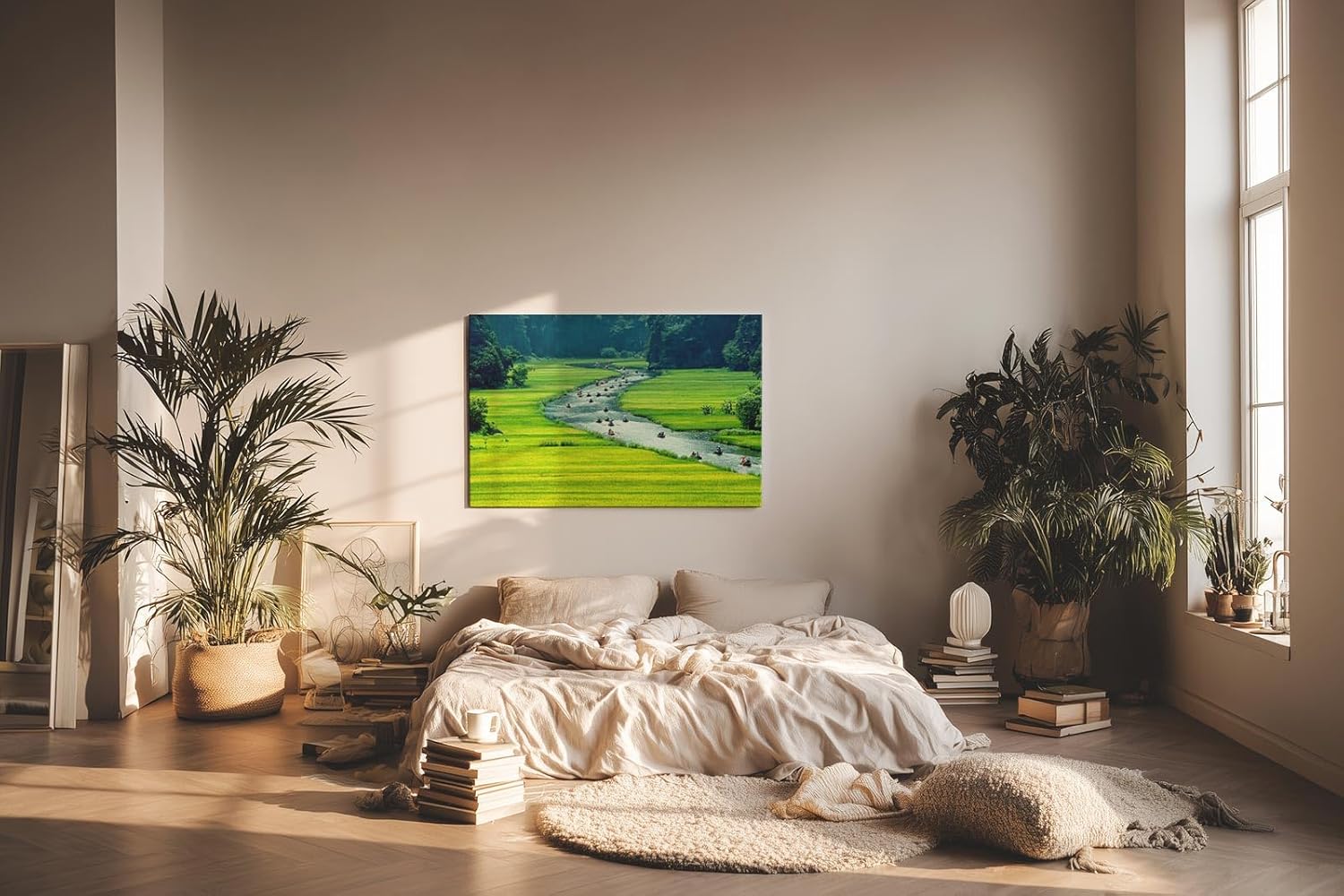 Sinus Art Wandbild 120x80cm Schmaler Fluss mit vielen Booten zwischen satten Reisfeldern in leuchtendem Grün