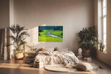 Sinus Art Wandbild 120x80cm Schmaler Fluss mit vielen Booten zwischen satten Reisfeldern in leuchtendem Grün