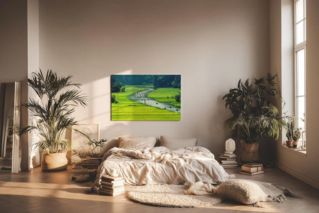 Sinus Art Wandbild 120x80cm Schmaler Fluss mit vielen Booten zwischen satten Reisfeldern in leuchtendem Grün