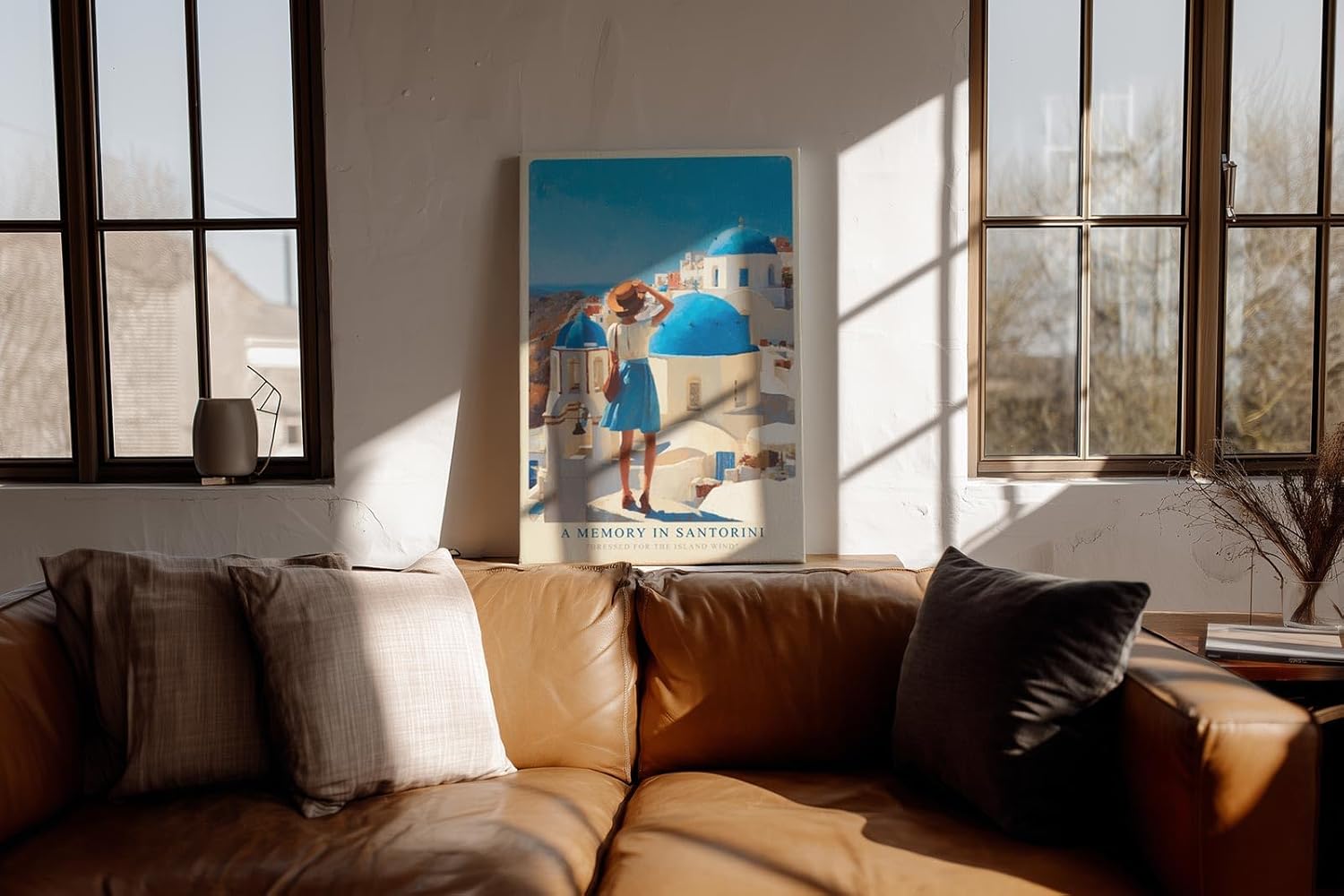 Paul Sinus Wandbild in 40x60cm A Memory in Santorini – Frau in blauem Rock und Strohhut vor weißen Häusern und blauen Kuppeln, sonnige Mittelmeeridylle
