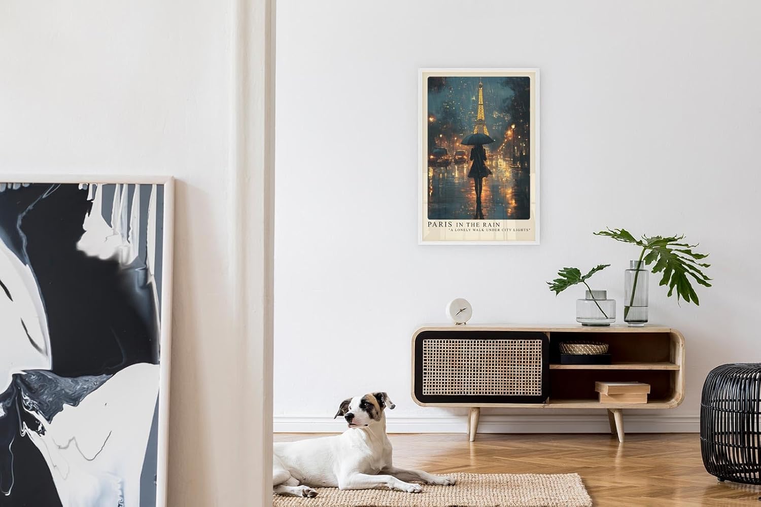 Paul Sinus Leinwandbild 60x90cm Paris im Regen – Romantische Stadtansicht mit Eiffelturm, leuchtenden Lichtern und geheimnisvoller Silhouette