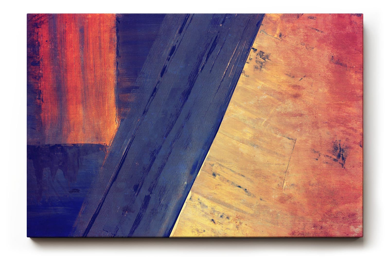 Sinus Art Wandbild 120x80cm Breite Farbbalken in Blau und Orange mit violettem Verlauf und geometrischer Anordnung