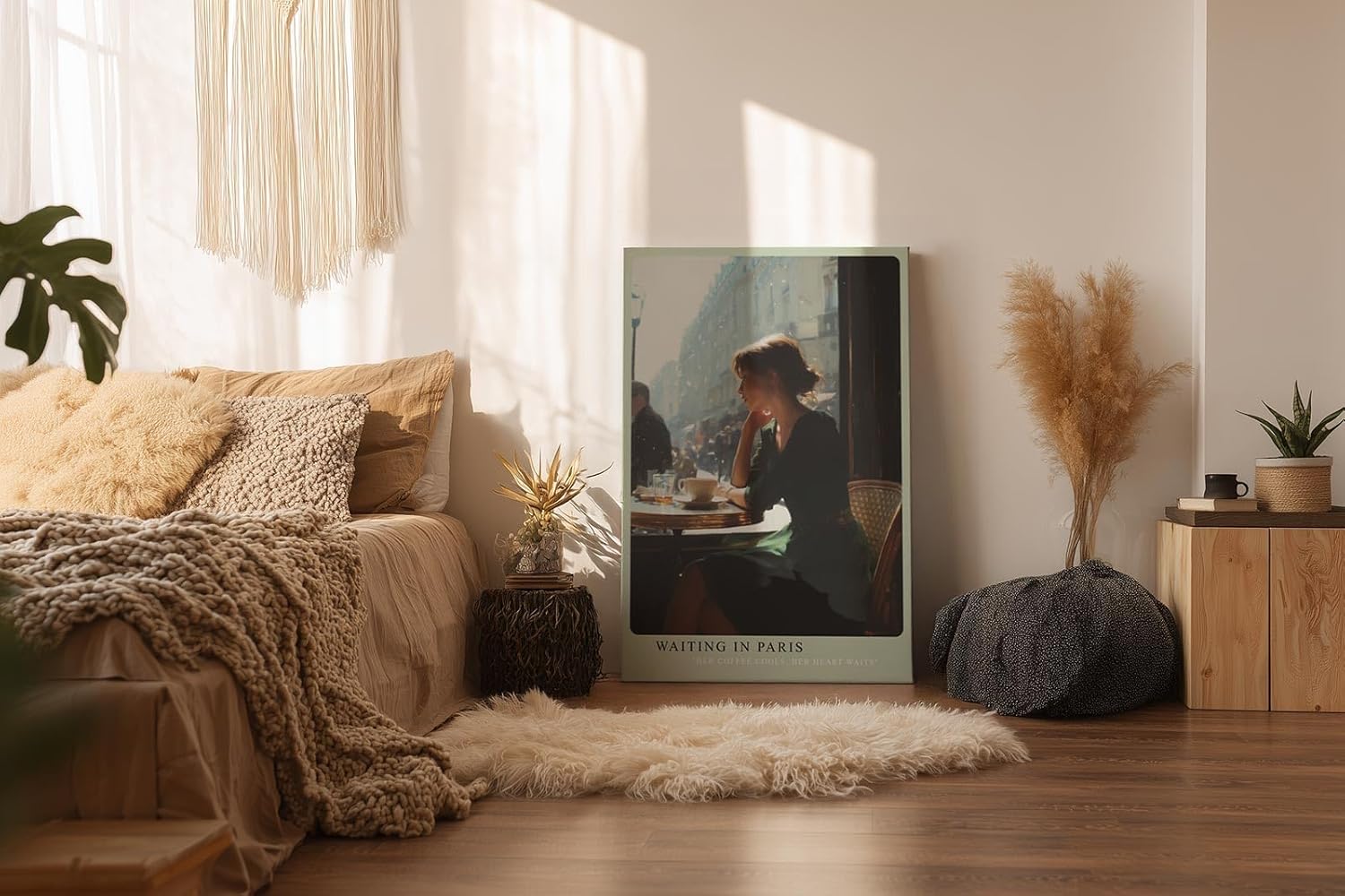 Paul Sinus Wandbild in 40x60cm Waiting in Paris – Ausdrucksstarke Szene einer Frau am Café-Tisch in Paris, nachdenklich ins Straßenleben blickend, moderne Bilder in warmen Farbtönen