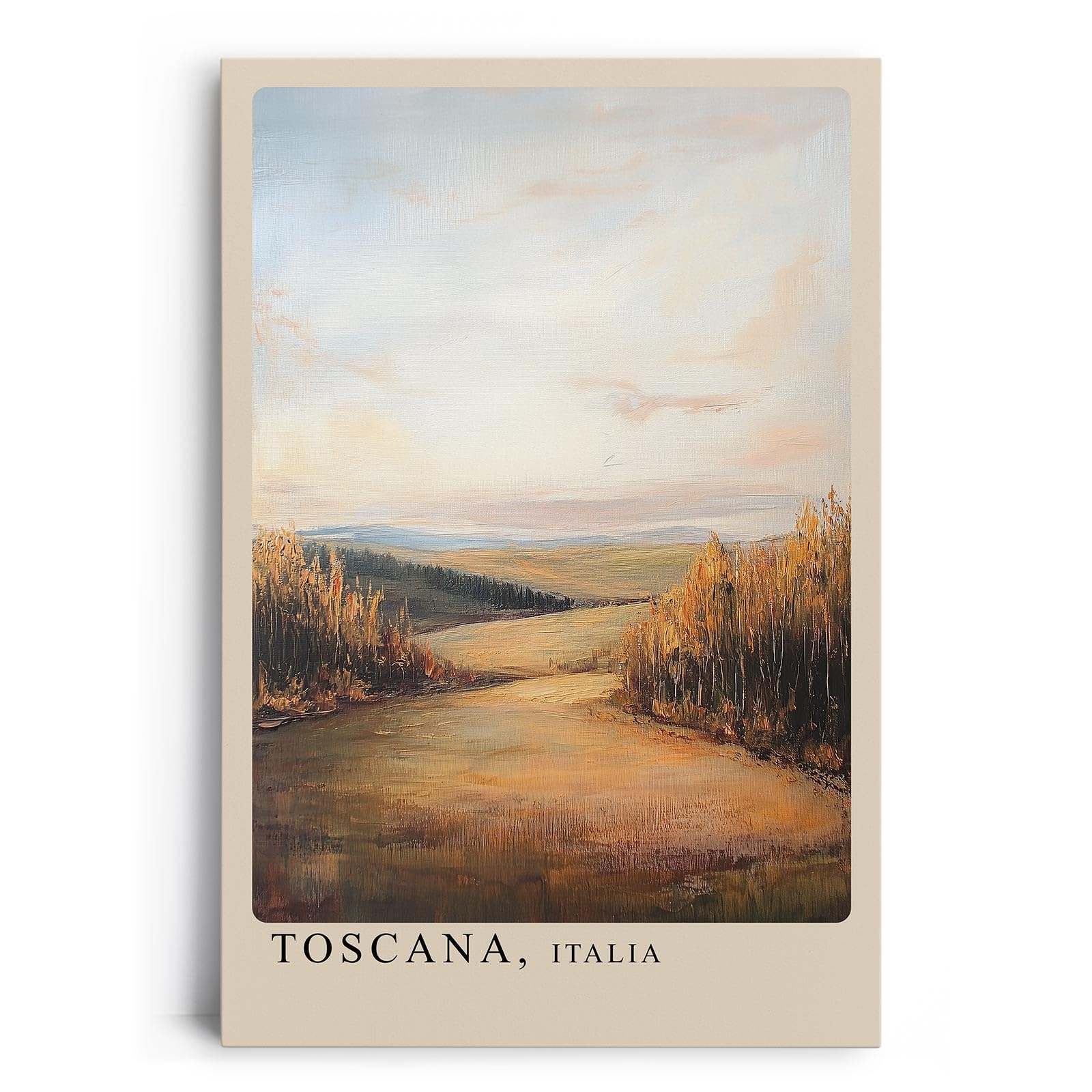 Paul Sinus Leinwandbild 60x90cm Toskana Idylle – Weite mediterrane Landschaft mit goldenem Licht und warmen Erdtönen