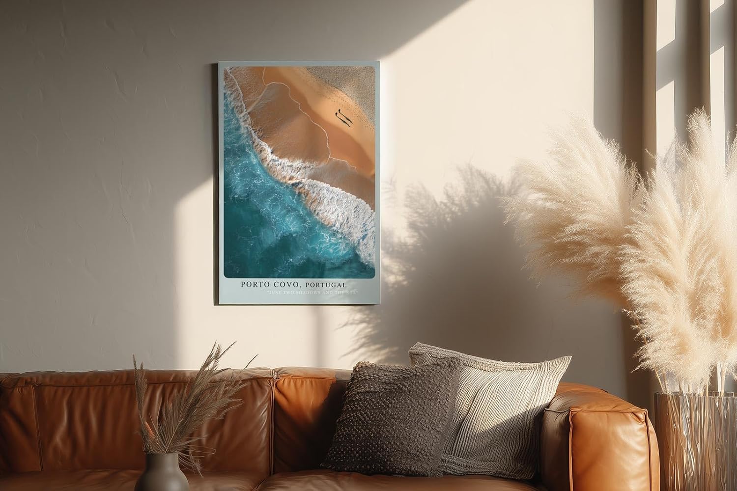 Paul Sinus Wandbild in 40x60cm Porto Covo Portugal – Luftaufnahme von Strand und Meer mit zwei Silhouetten im Sand