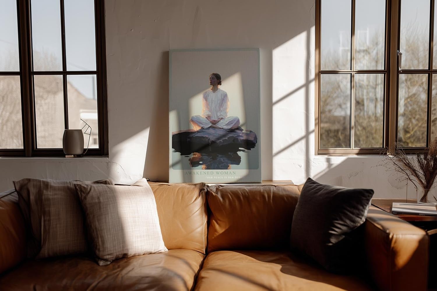 Paul Sinus Wandbild in 60x90cm Awakened Woman – Meditatives Porträt einer Frau im weißen Kleid, sitzend auf einem Felsen im Wasser bei Sonnenaufgang, moderne Bilder in sanften Farbtönen