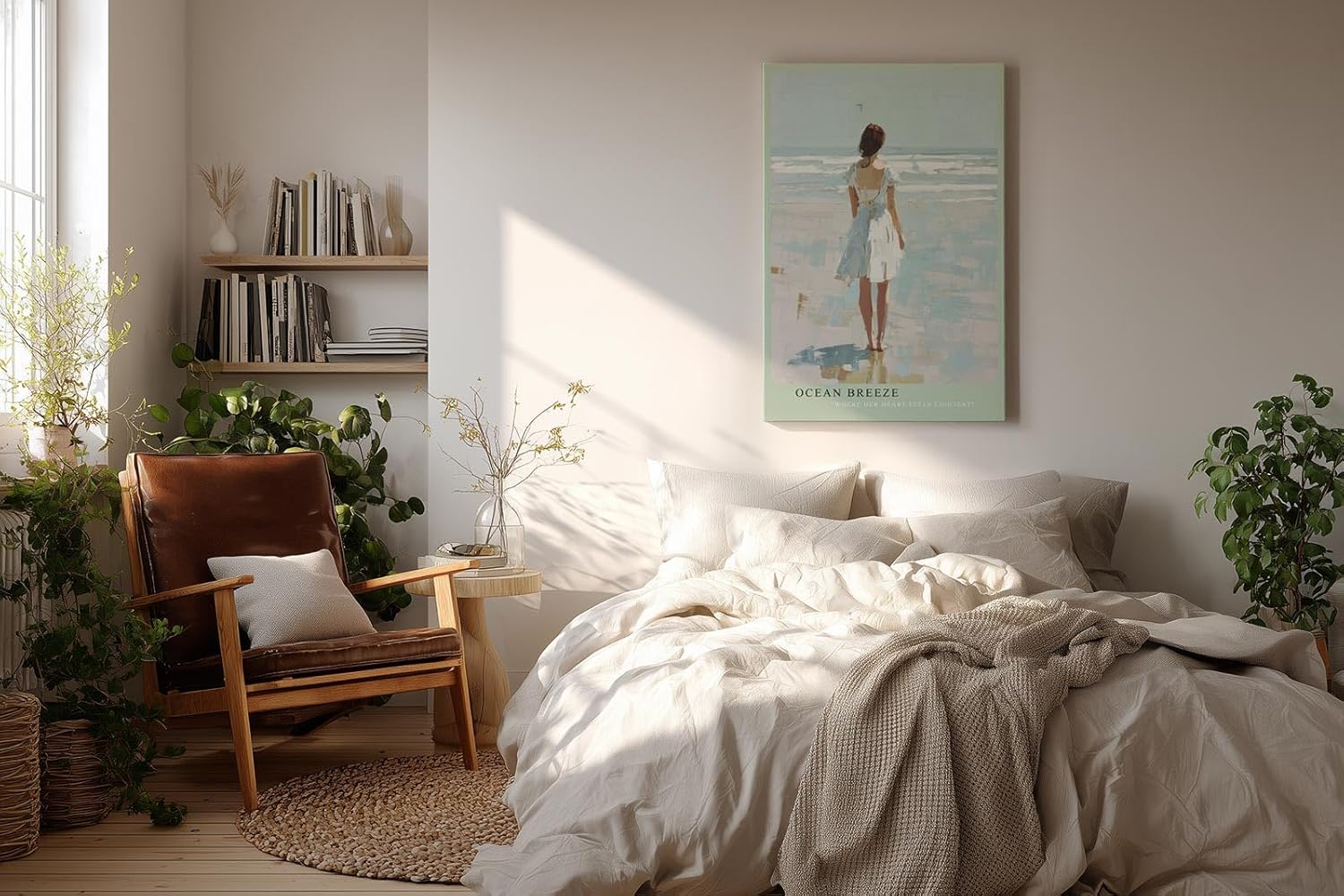 Paul Sinus Wandbild in 40x60cm Frau im weißen Sommerkleid am Meer – maritimes Küstenmotiv in impressionistischer Malweise für eine ruhige Wohnraumgestaltung