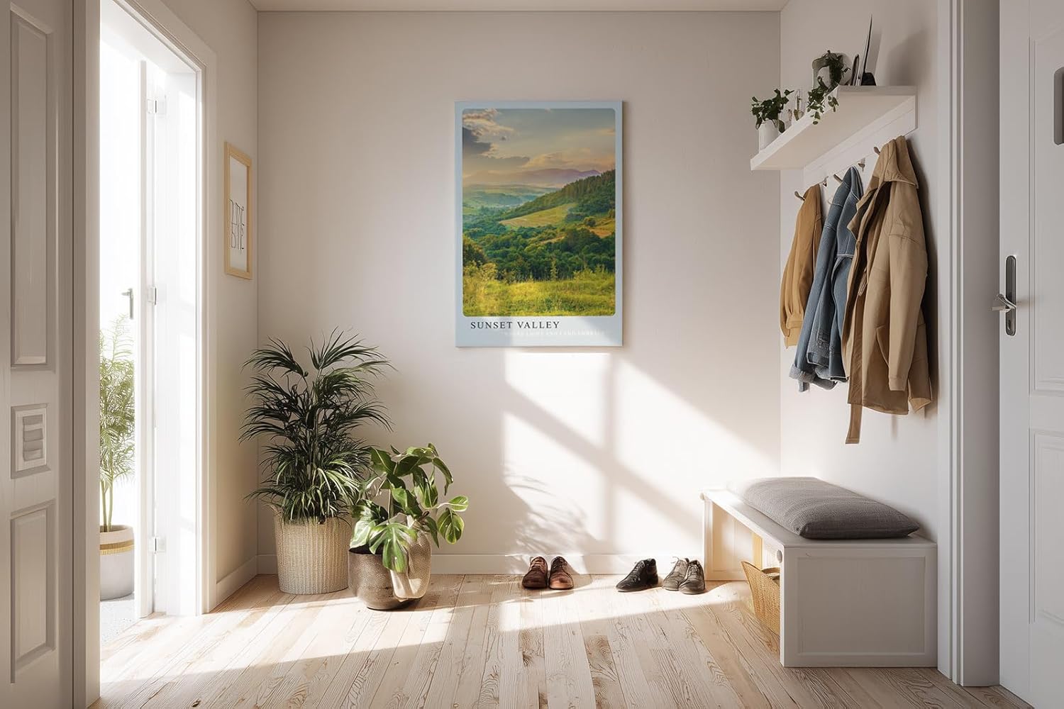 Paul Sinus Kunstdruck 40x60cm Sunset Valley mit weitem grünem Tal im Licht der untergehenden Sonne