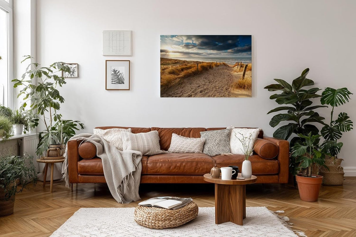 Sinus Art Wandbild 120x80cm Sandweg durch Dünen in goldener Abendstimmung für entspannte Raumwirkung