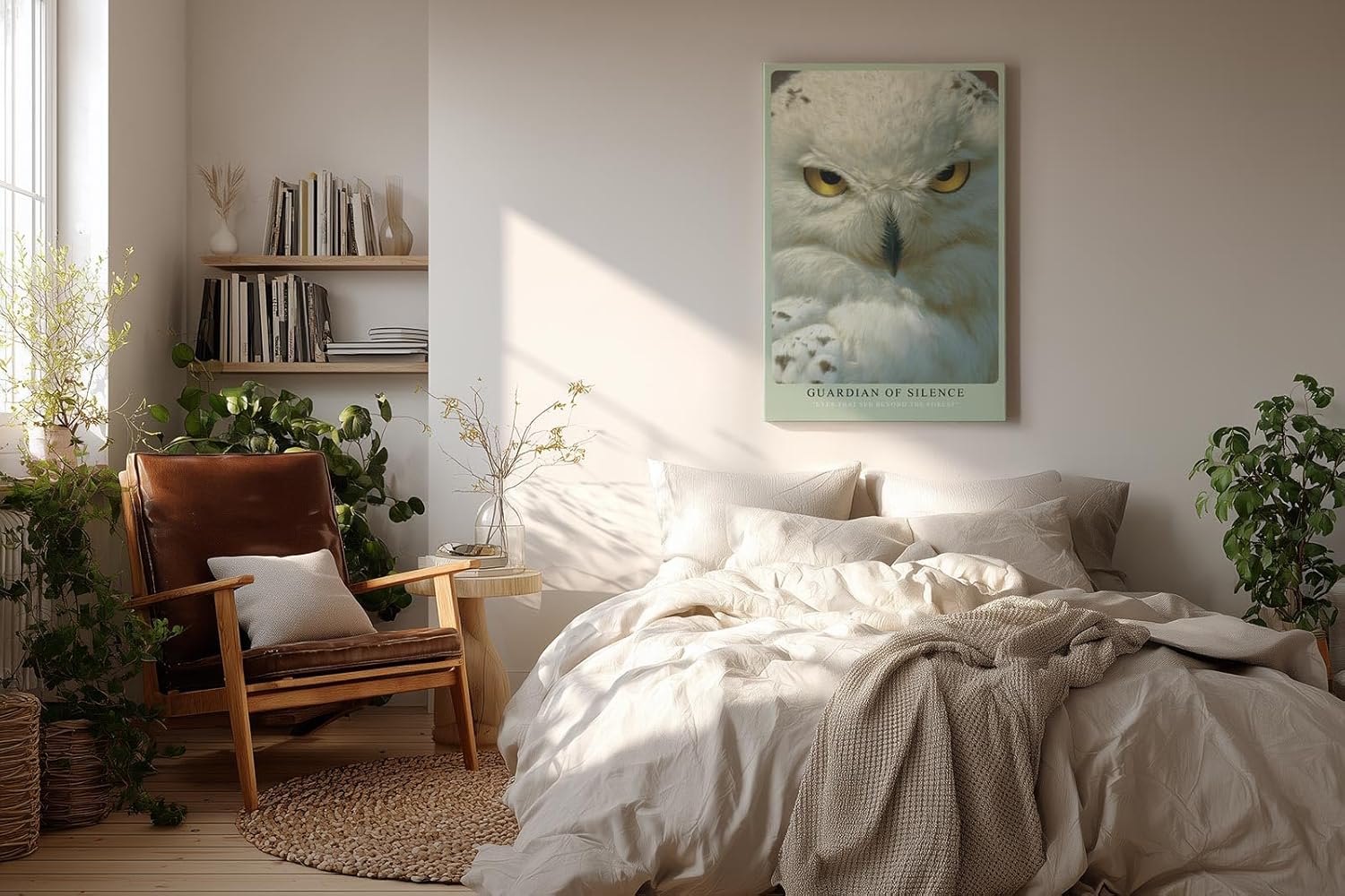 Paul Sinus Wandbild in 40x60cm Nahaufnahme einer weißen Schneeeule – detailreiches Tierporträt mit intensiven Augen