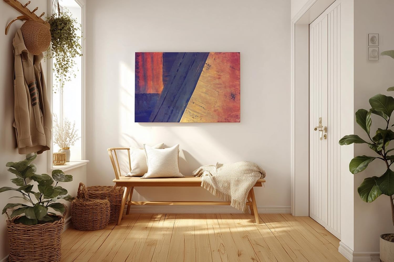 Sinus Art Wandbild 120x80cm Breite Farbbalken in Blau und Orange mit violettem Verlauf und geometrischer Anordnung
