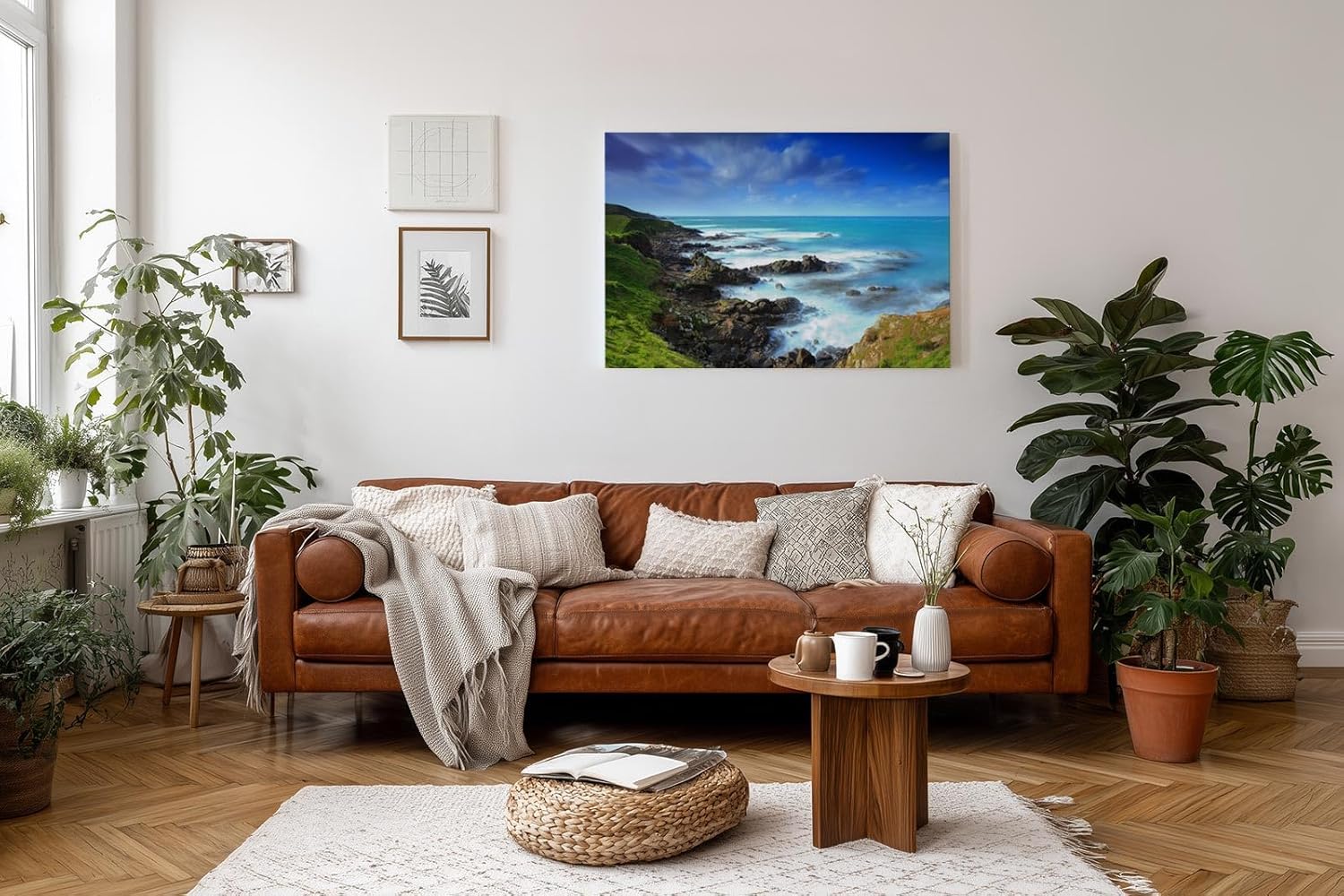 Sinus Art Wandbild 120x80cm Felsige Küste trifft auf türkisfarbenes Meer unter dramatischem Himmel