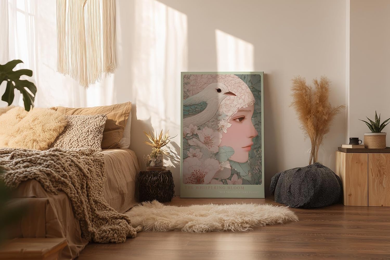 Paul Sinus Wandbild in 40x60cm The Whispering Bloom – Fein gezeichnetes Porträt mit floralen Linienmustern und Vogel in sanfter Farbigkeit