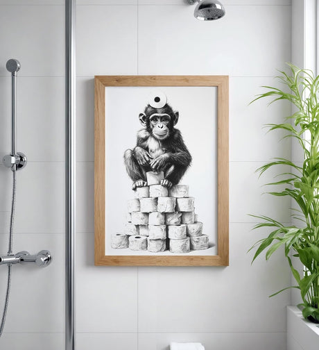 Paul Sinus Poster/Leinwandbild/Rahmenoption – Affenkönig auf dem Klopapier-Thron – Lustige WC-Deko für dein Badezimmer