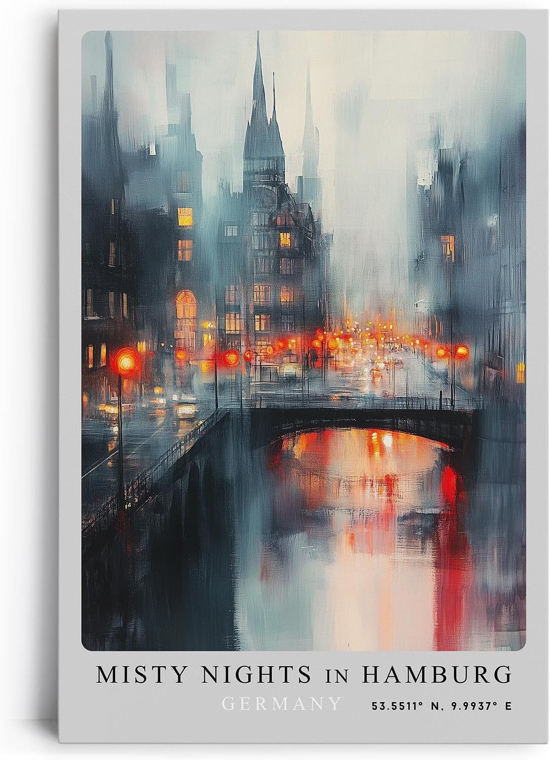 Paul Sinus Leinwandbild 60x90cm Misty Nights in Hamburg – Stimmungsvolle Stadtansicht mit nebelverhangenen Gebäuden, leuchtenden Straßenlichtern