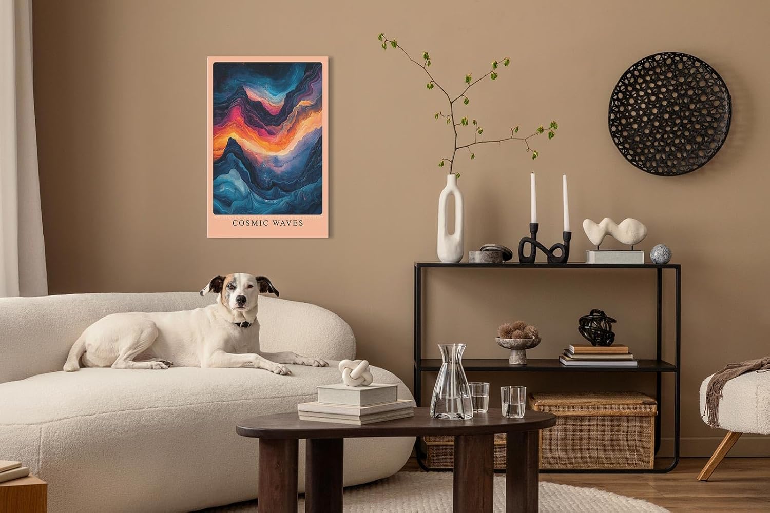 Paul Sinus Leinwandbild 80x120cm kosmische Farbexplosion mit fließenden Wellenformen, abstrakte Wandkunst mit tiefen Blautönen