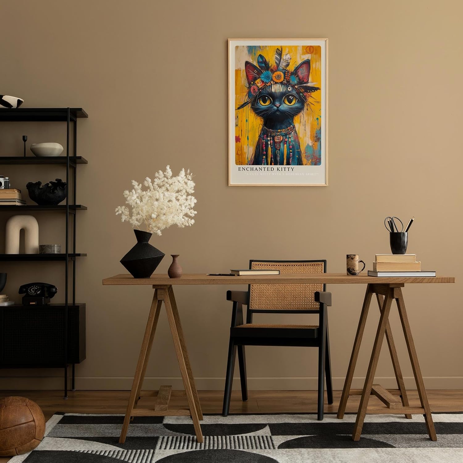 Paul Sinus Leinwandbild 40x60cm Boho Katze leuchtend bunt mystisch kunstvolle Wandkunst tribal spirituell energiegeladen faszinierend ausdrucksstark