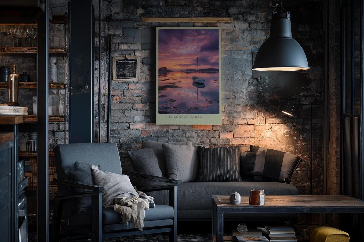 Paul Sinus Wandbild in 40x60cm Boot im Hafen bei Sonnenuntergang mit violett-pinkfarbenem Himmel und ruhigem Wasser