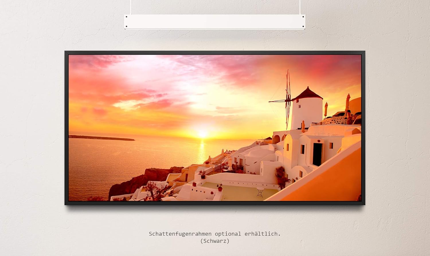 Santorini Stadt Landschaft ca. 130x70cm Wandbild inklusive Schattenfugenrahmen schwarz - Panorama Leinwand Bild XXL Format Wandbilder Wohnzimmer Wohnung Deko Kunstdrucke