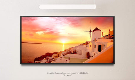 Santorini Stadt Landschaft ca. 130x70cm Wandbild inklusive Schattenfugenrahmen schwarz - Panorama Leinwand Bild XXL Format Wandbilder Wohnzimmer Wohnung Deko Kunstdrucke