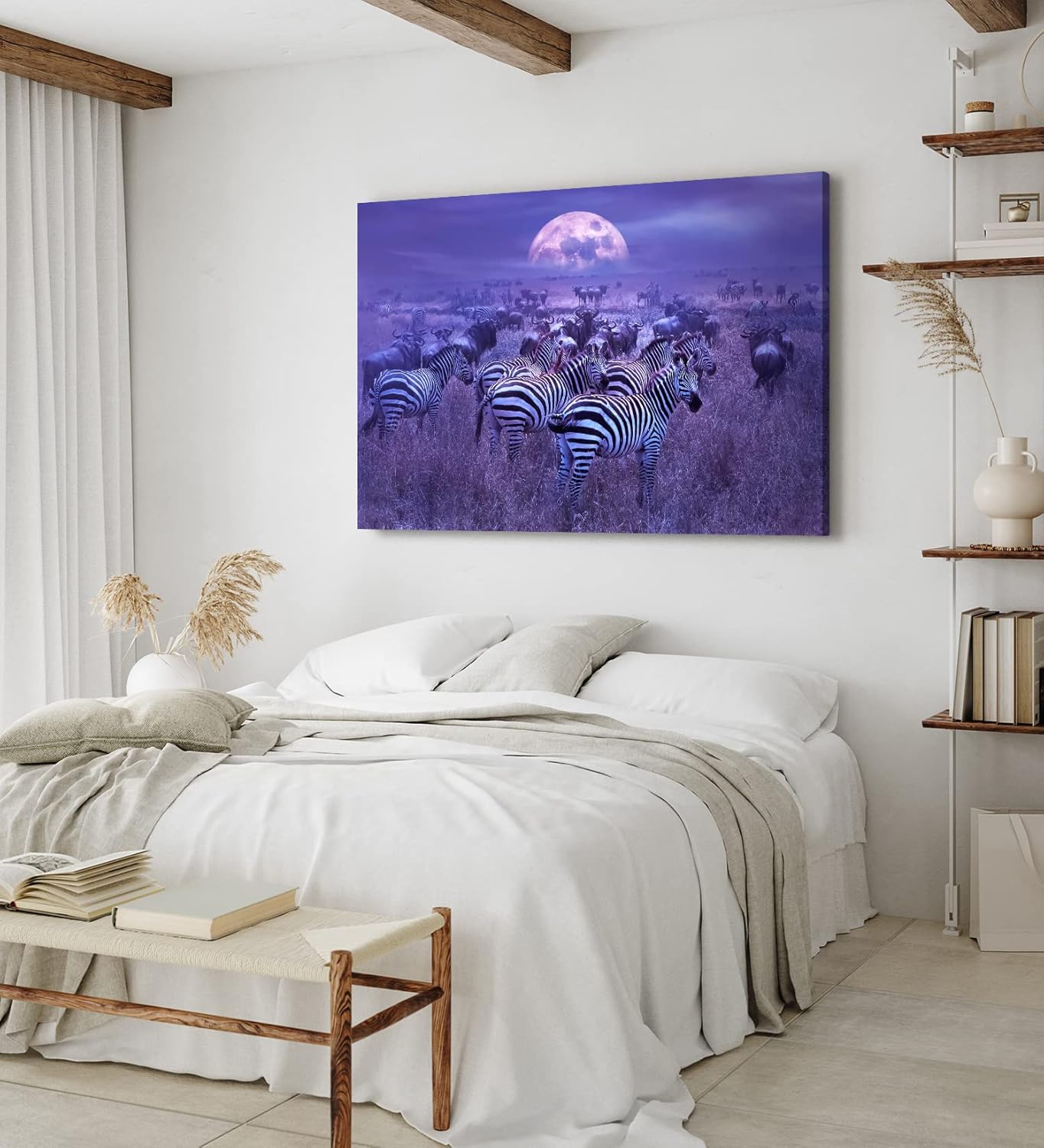 Paul Sinus Wandbild 120x80cm Afrika Landschaft Wildnis Zebras Gnus Herden Vollmond