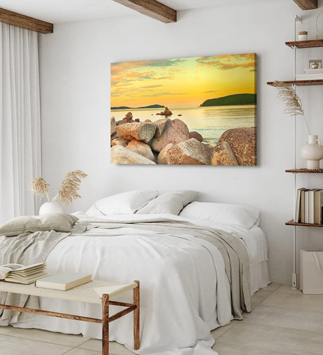 Paul Sinus Wandbild 120x80cm Felsen Meer roter Himmel Horizont Berge Sonnenuntergang