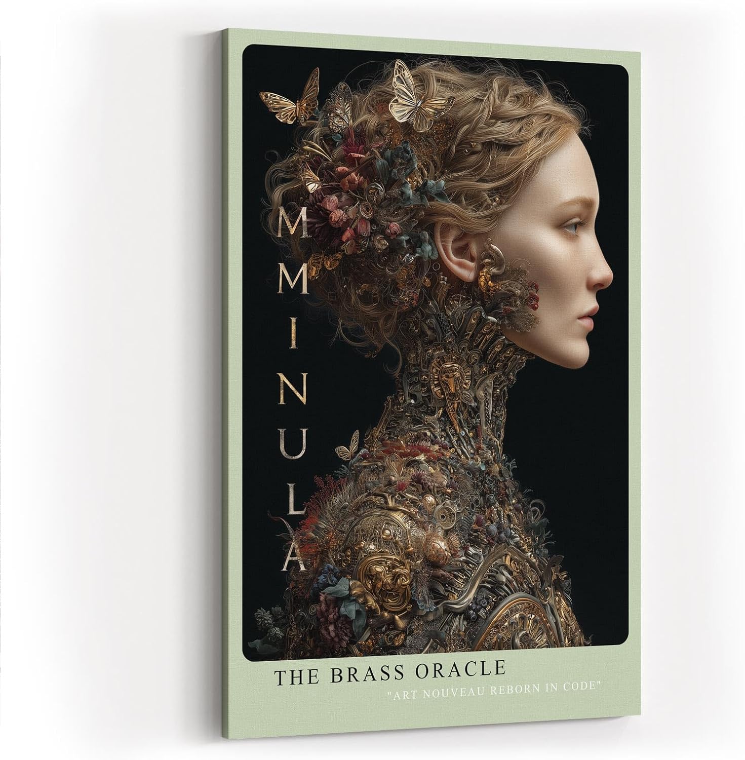Paul Sinus Wandbild in 40x60cm The Brass Oracle Porträt einer Frau mit kunstvollen mechanischen Ornamenten und floralen Details in Gold und Messing