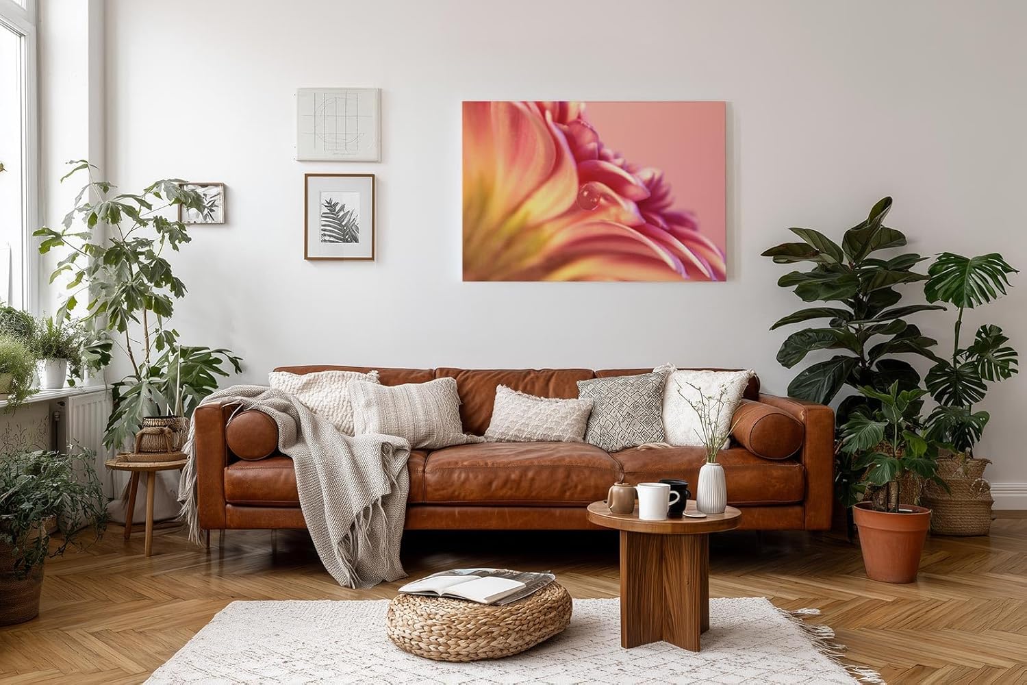 Sinus Art Wandbild 120x80cm Zartrosa Blütenstruktur mit transparentem Tautropfen – ruhig, romantisch und poetisch
