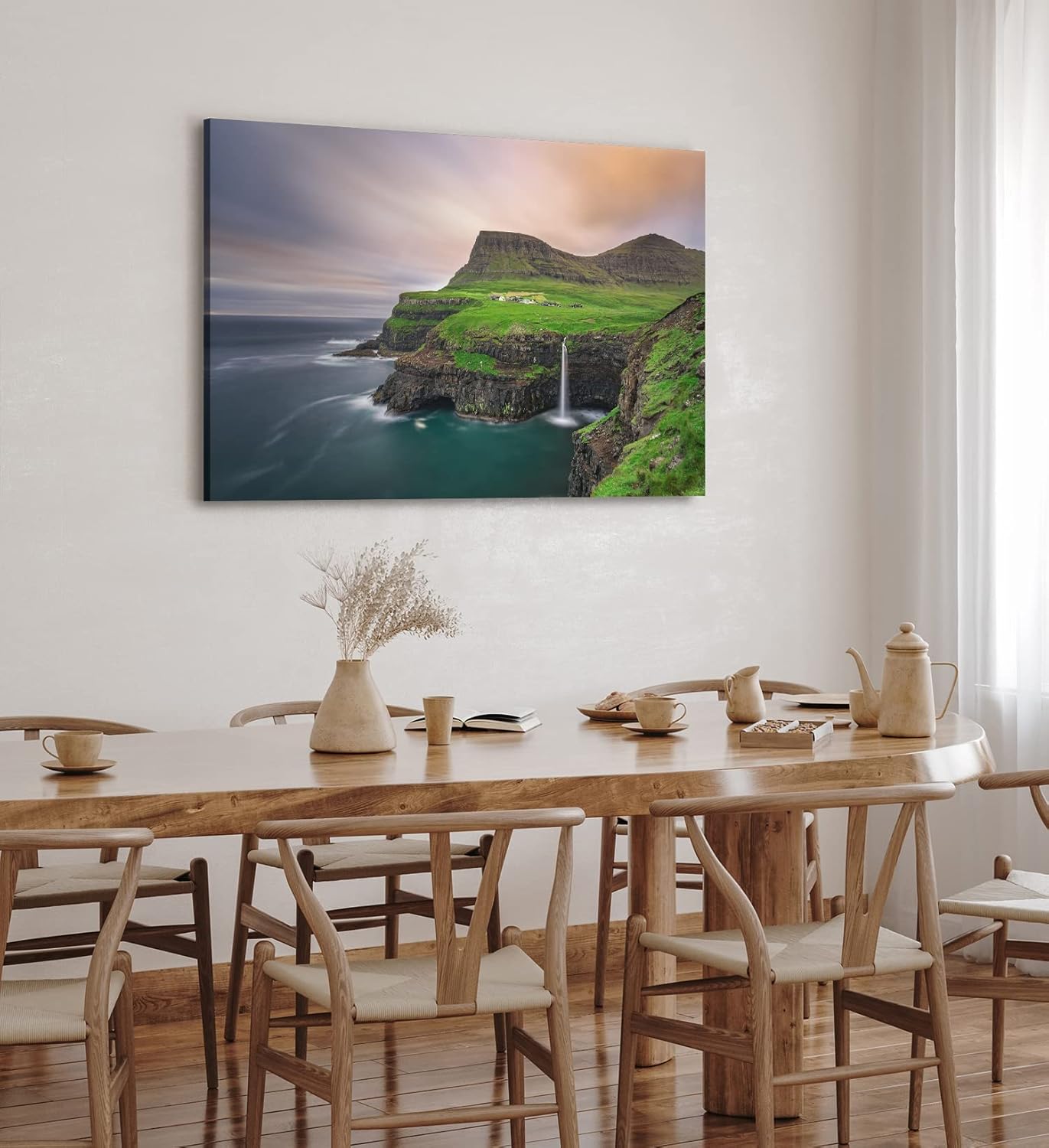 Paul Sinus Wandbild 120x80cm Múlafossur Waterfall Färöer-Inseln Küste Ozean Klippen