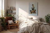 Paul Sinus Wandbild in 40x60cm In Her Own Chapter – Ausdrucksstarkes Porträt einer jungen Frau, auf Bücherstapeln sitzend und lesend, moderne Bilder mit klaren Linien und warmen Akzenten