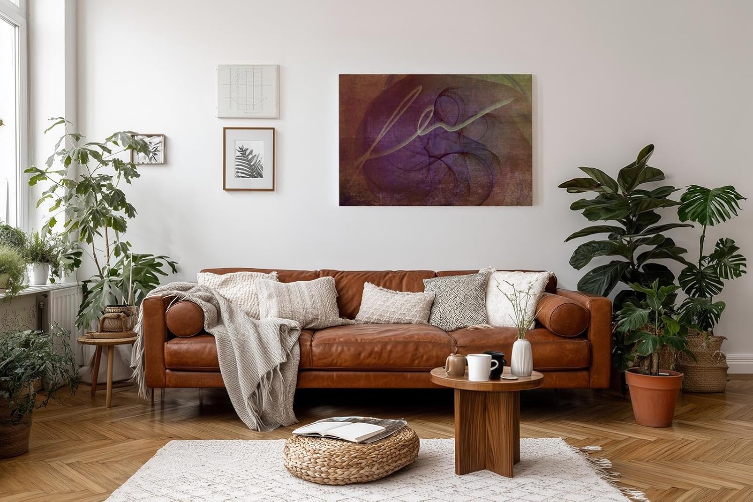 Sinus Art Wandbild 120x80cm Verschlungene Linien und violette Flächen auf texturierter brauner Basis