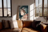 Paul Sinus Wandbild in 40x60cm The Guardian Plume – Ausdrucksstarkes Frauenporträt mit großem Vogel und floraler Umrahmung in gedämpften Tönen