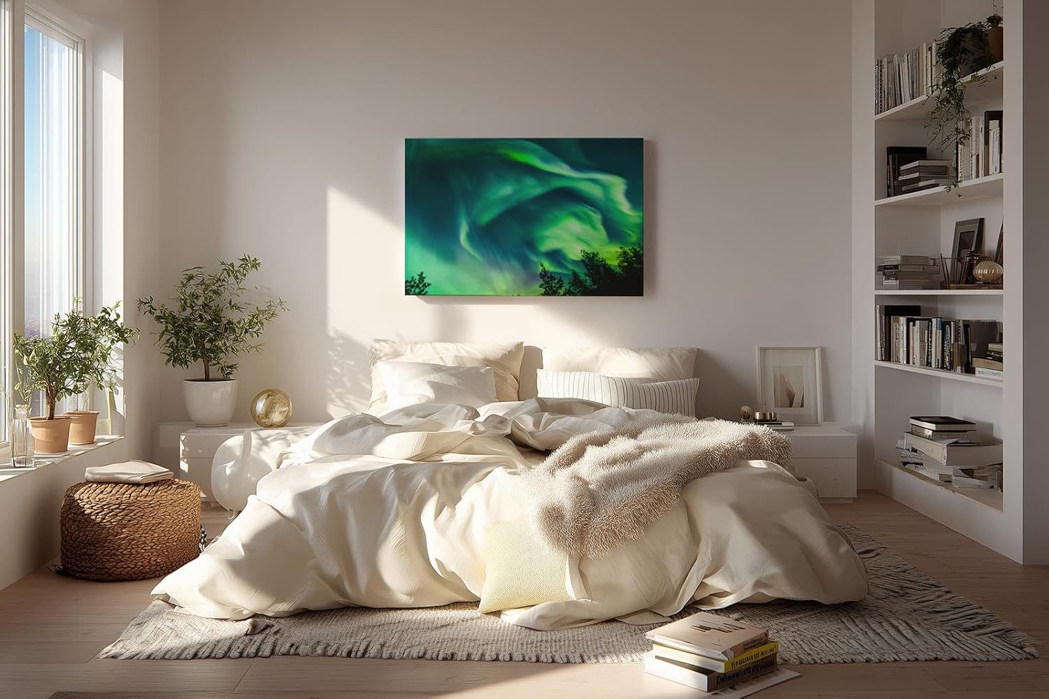 Sinus Art Wandbild 120x80cm Atemberaubende Aurora Borealis mit dynamischem Farbspiel über Silhouetten dunkler Bäume