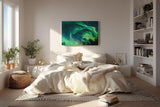 Sinus Art Wandbild 120x80cm Atemberaubende Aurora Borealis mit dynamischem Farbspiel über Silhouetten dunkler Bäume