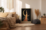 Paul Sinus Wandbild in 40x60cm The Moons Bride Elegante Frau in orangefarbenem Kleid vor goldener Mondsichel mit floralen Akzenten und romantischem Flair