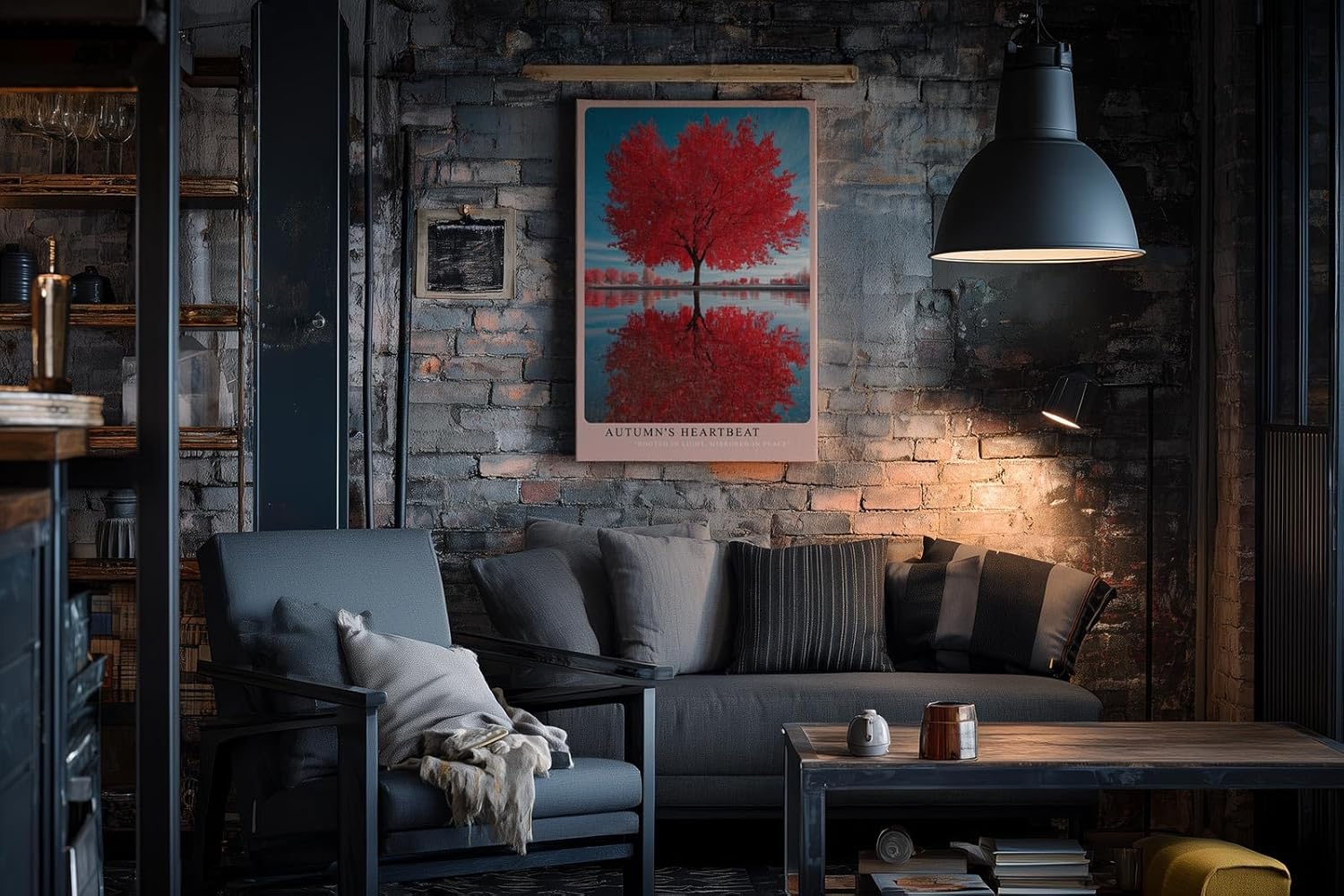 Paul Sinus Wandbild in 40x60cm Autumn's Heartbeat Roter Herbstbaum mit Spiegelung im Wasser unter blauem Himmel für elegante Wohnraumgestaltung