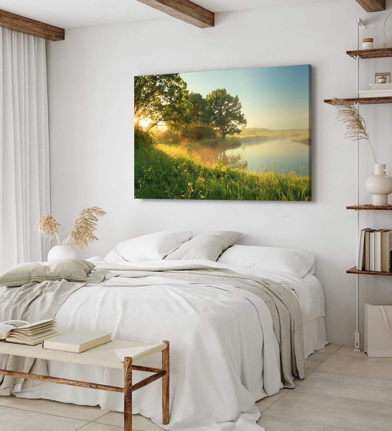 Paul Sinus Wandbild 120x80cm Fluss Morgentau Sonnenaufgang Wiese Bäume Natur