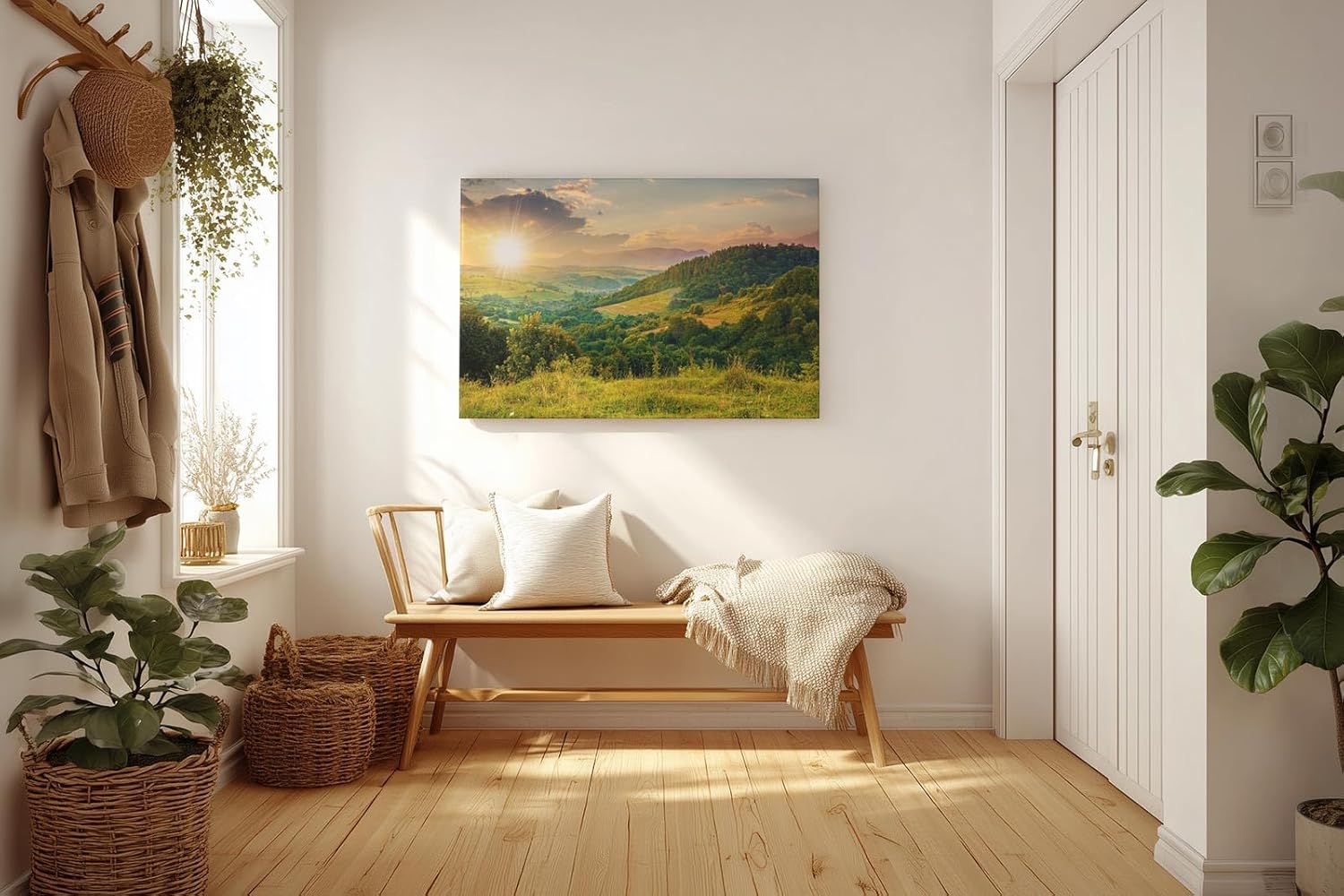 Sinus Art Wandbild 120x80cm Sanfte Hügellandschaft mit kräftigem Sonnenaufgang in natürlicher Weite