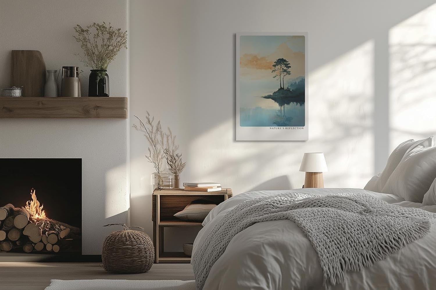 Paul Sinus Leinwandbild 80x120cm Stille Natur – Malerische Landschaft mit einsamem Baum und Spiegelung im ruhigen Wasser, sanfte Farben