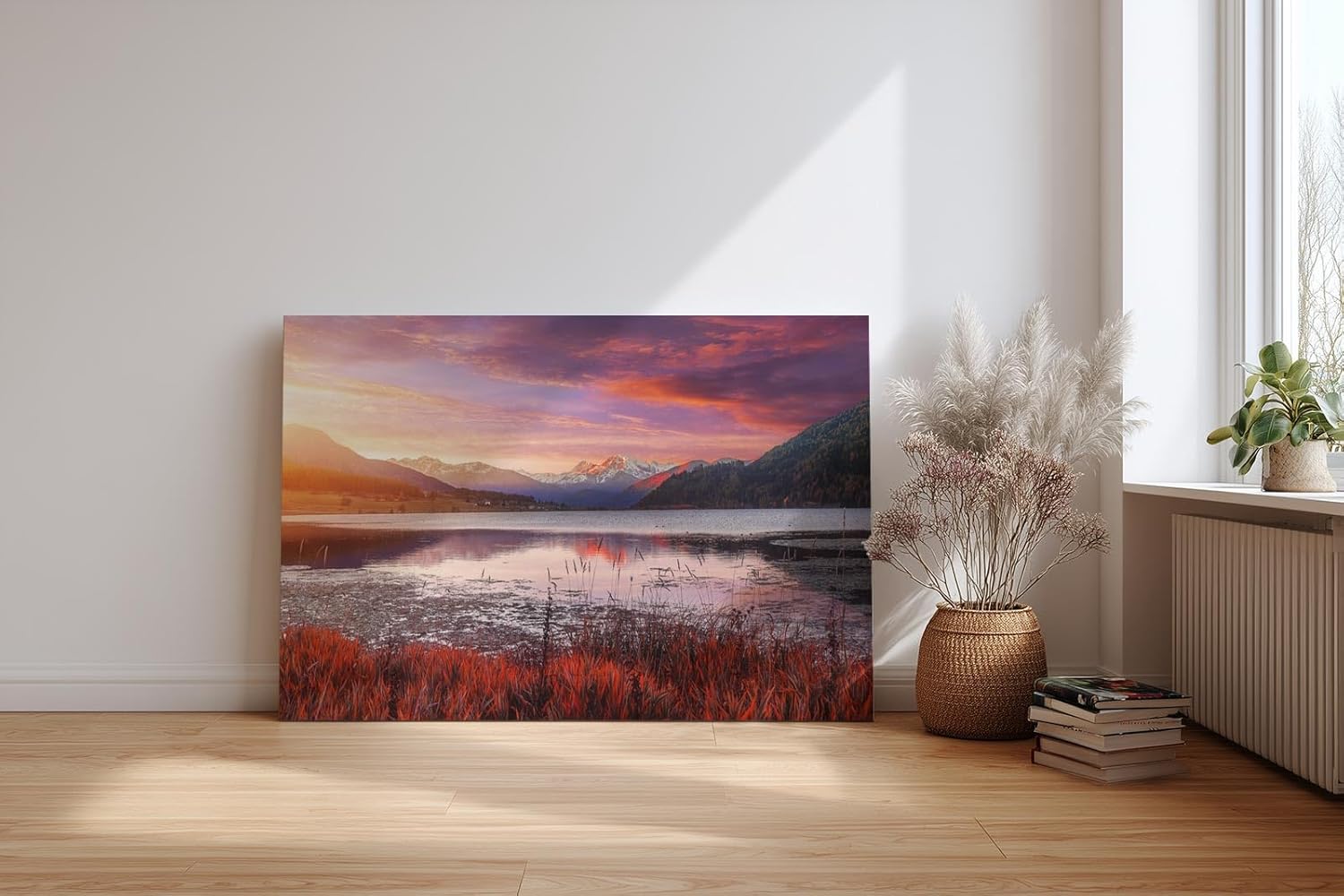 Sinus Art Wandbild 120x80cm See mit reflektierendem Himmel vor verschneiten Bergen – kontrastreich und lebendig