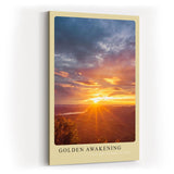 Paul Sinus Kunstdruck 40x60cm Golden Awakening – Sonnenaufgang über der Landschaft in leuchtendem Gold und Orange