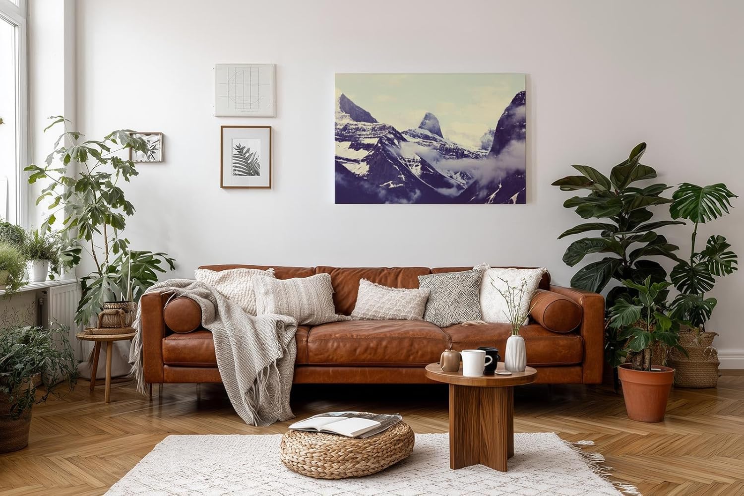 Sinus Art Wandbild 120x80cm Schneebedeckte Berge und nebelverhangene Täler in beeindruckender Komposition