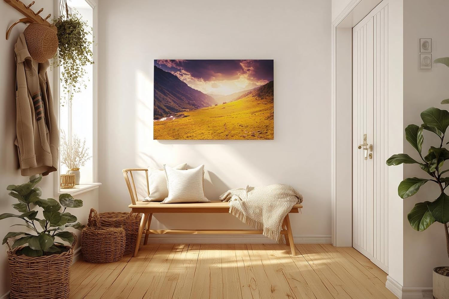 Sinus Art Wandbild 120x80cm Sonnenuntergang taucht Bergwiese in goldenes Licht mit dramatischem Himmel