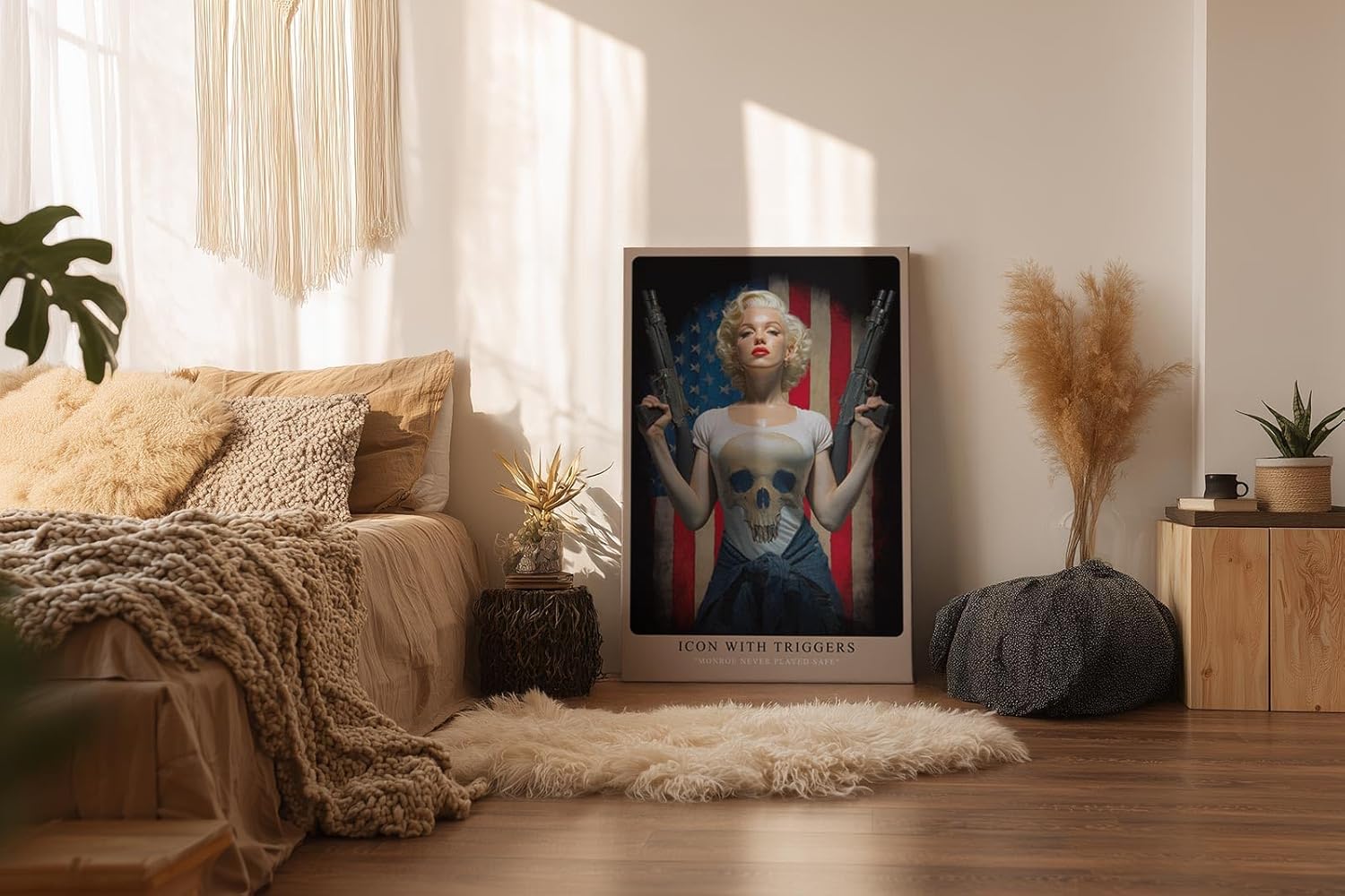 Paul Sinus Wandbild in 40x60cm Marilyn Monroe mit Gewehren vor US-Flagge – provokantes Pop-Art-Motiv mit rebellischem Glamour