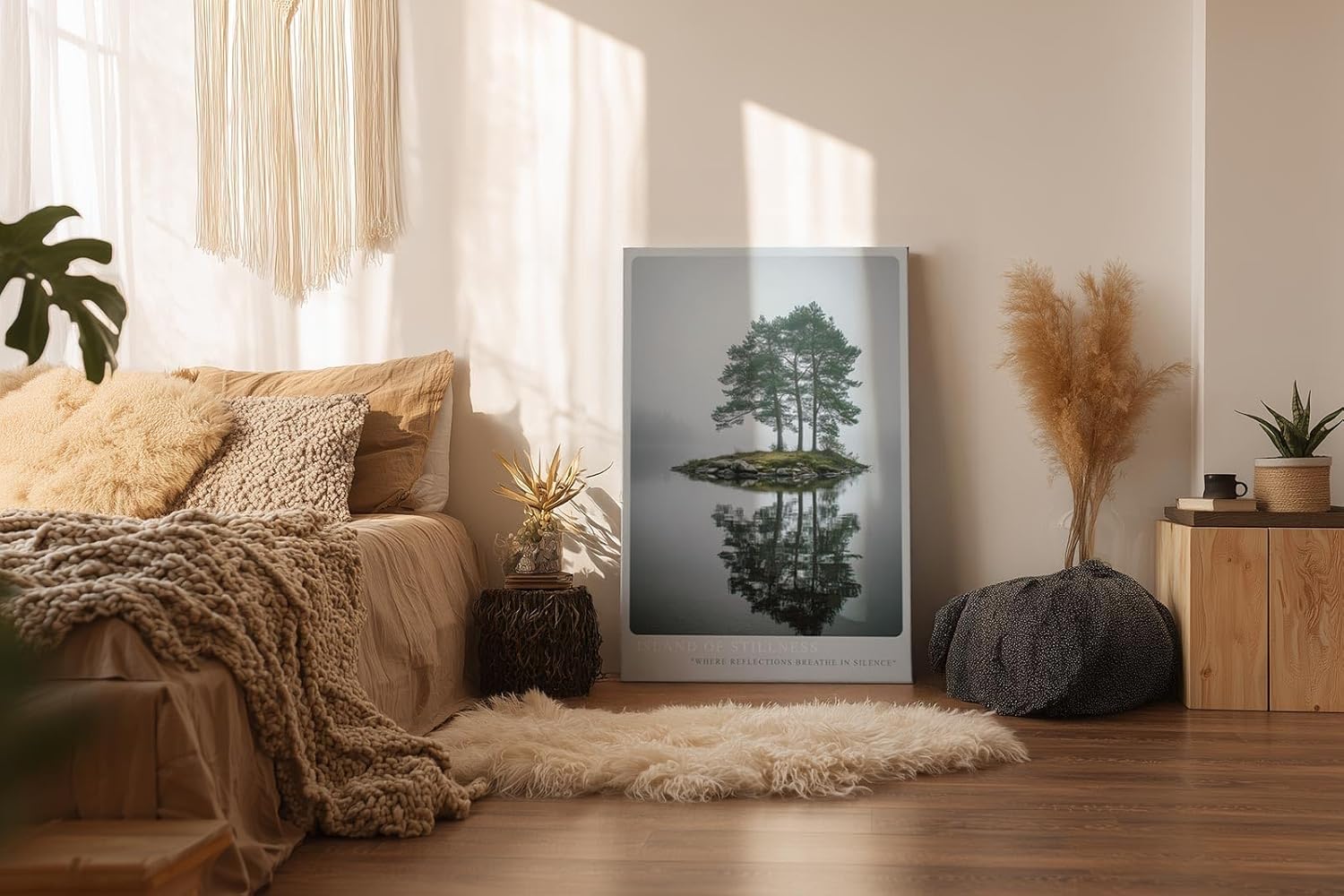 Paul Sinus Wandbild in 40x60cm Island of Stillness – Nebelige Seeinsel mit Baumgruppe, ruhiges Naturmotiv in sanften Grautönen und Spiegelung im Wasser
