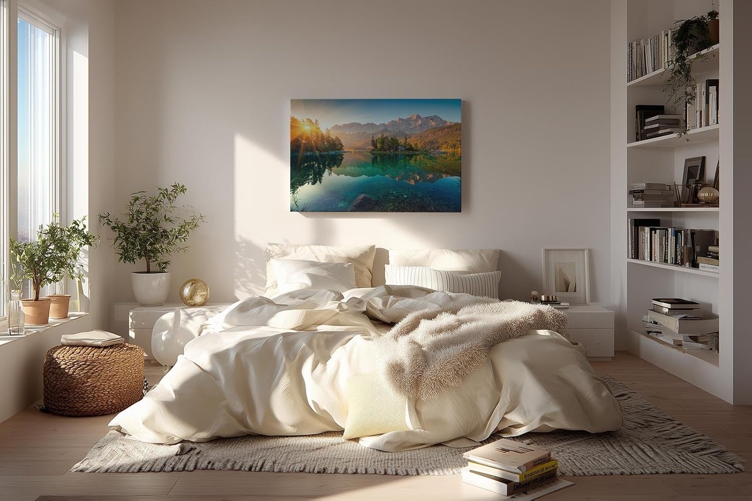 Sinus Art Wandbild 120x80cm Stimmungsvolles Bergmotiv mit Spiegelung im See und Sonnenaufgang für naturnahe Atmosphäre