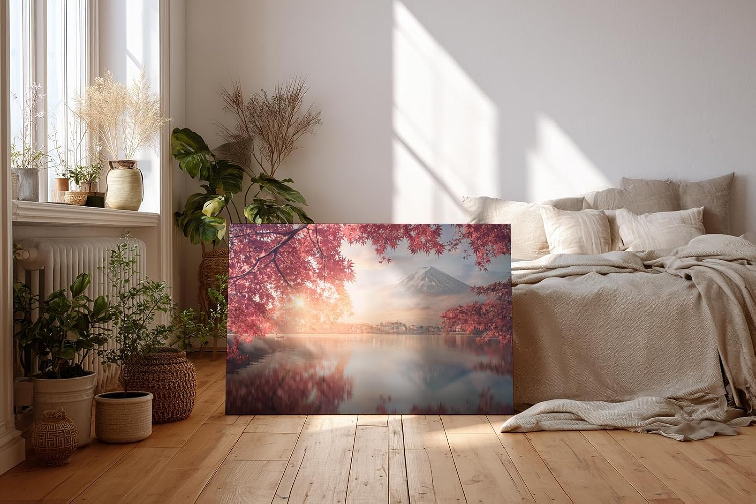 Sinus Art Wandbild 120x80cm Blick auf schneebedeckten Fuji hinter rosa Blüten über stillem Wasser