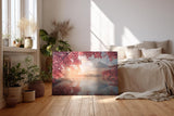 Sinus Art Wandbild 120x80cm Blick auf schneebedeckten Fuji hinter rosa Blüten über stillem Wasser