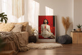 Paul Sinus Wandbild in 40x60cm Frau in weißem Kleid auf rotem Sofa – ausdrucksstarkes Porträt mit starker Farbwirkung
